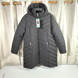 DKNY Women's Puffer Coat XL Black Hooded Long Winter Jacket NWT